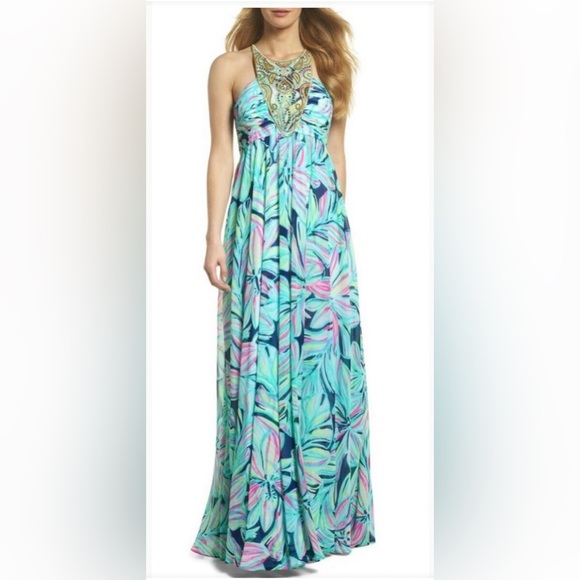 Lilly Pulitzer Lannette Maxi Dress High Tide Dancing Lady Size 10 Gold Beading - Picture 4 of 13